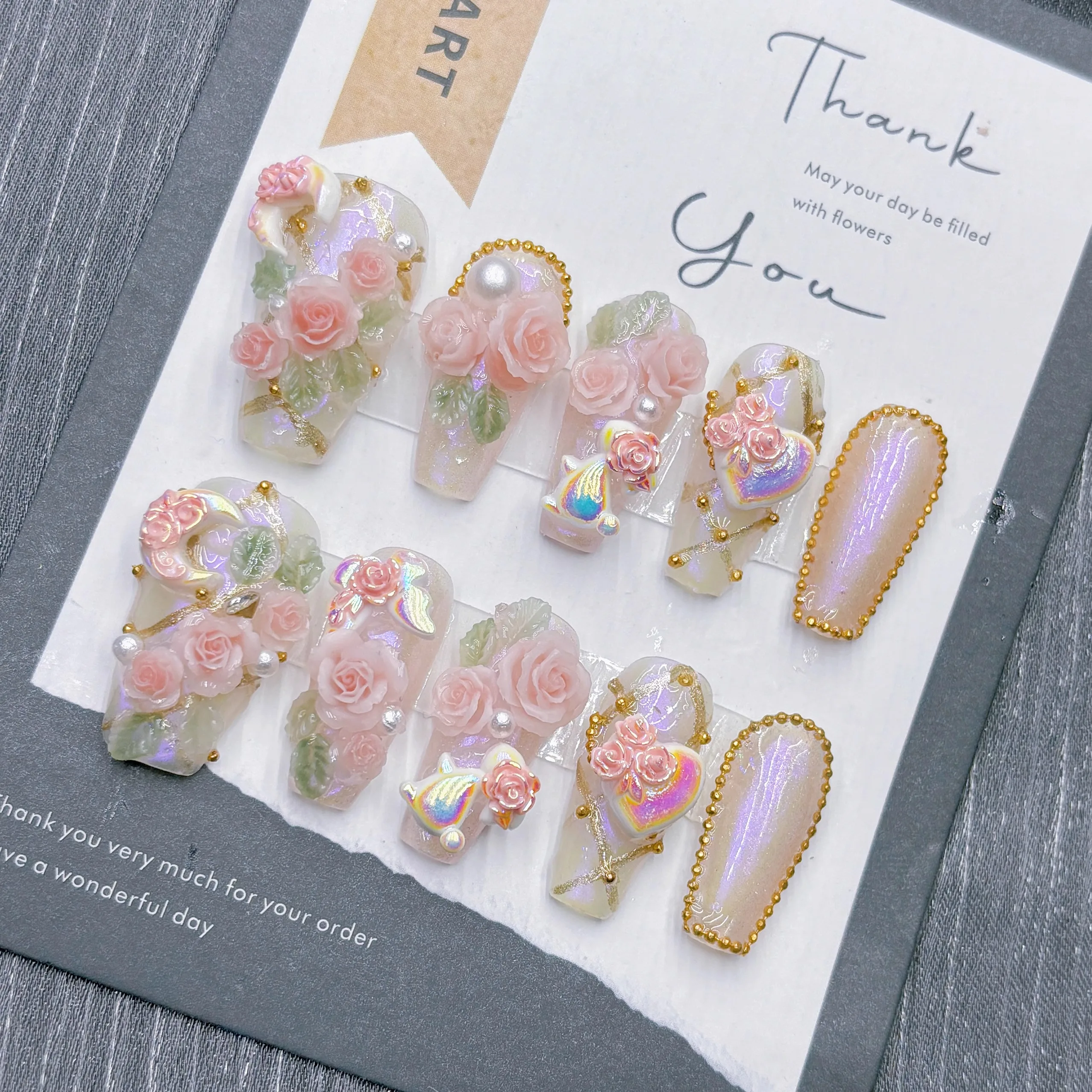 Blush Rose Dream Press on Nails Hand Sculpted 3D Resin Roses Holographic Accents Gold Beads Lightweight ABS Resin image 5