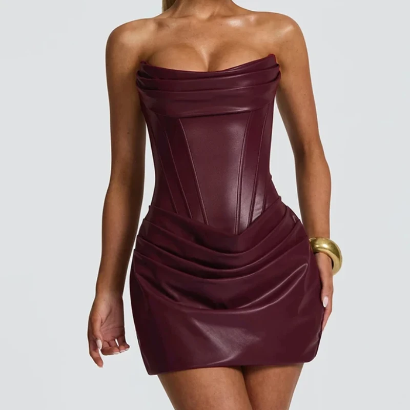 

PU Leather Off-shoulder Sexy Mini Dress Women Elegant Strapless Sleeveless Backless Lace-up Ruched Skinny Club Dress Women's