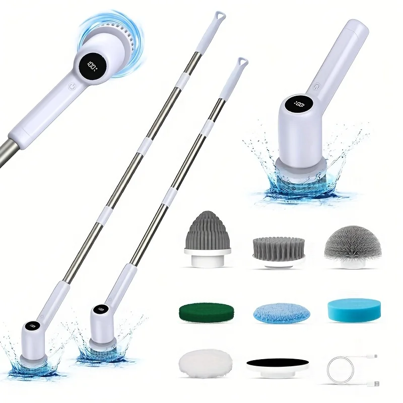 

7pcs Cordless Electric Spin Scrubber Set with Adjustable Extension Handle, Dual Speed, 2600mAh USB Rechargeable Battery, Waterpr