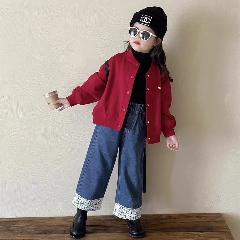 Girls' Jeans Korean Style Loose Wide-Leg Pants Baby Girls' Spring and Autumn All-Match Western Style Straight-Leg Trousers