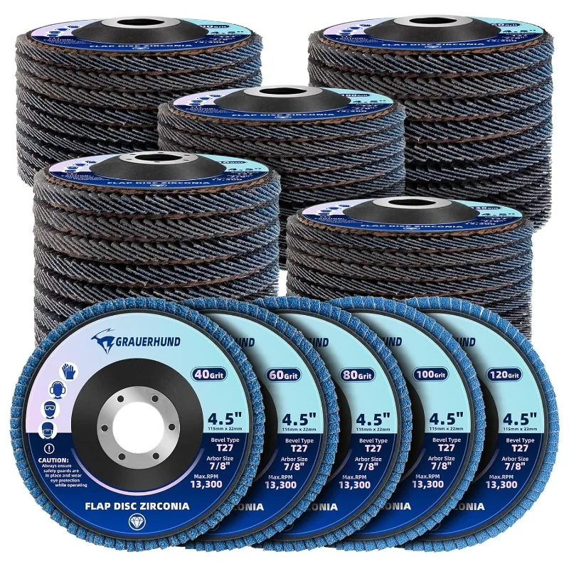 

50 Pack Flap Discs 4 1/2" x 7/8" for Angle Grinder, 40/60/80/100/120 Grit T27 Flap Sanding Discs, 4 1/2 Inch Grinding Wheels