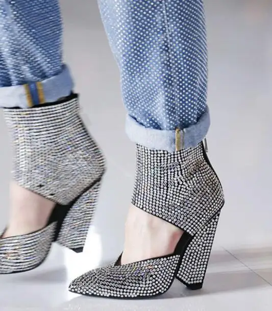 Bling Rhinestone Sexy Pointed Toe Shallow Summer Women Sandals Stiletto High Heels Zipper Buckle Strap Design Large Size Shoes