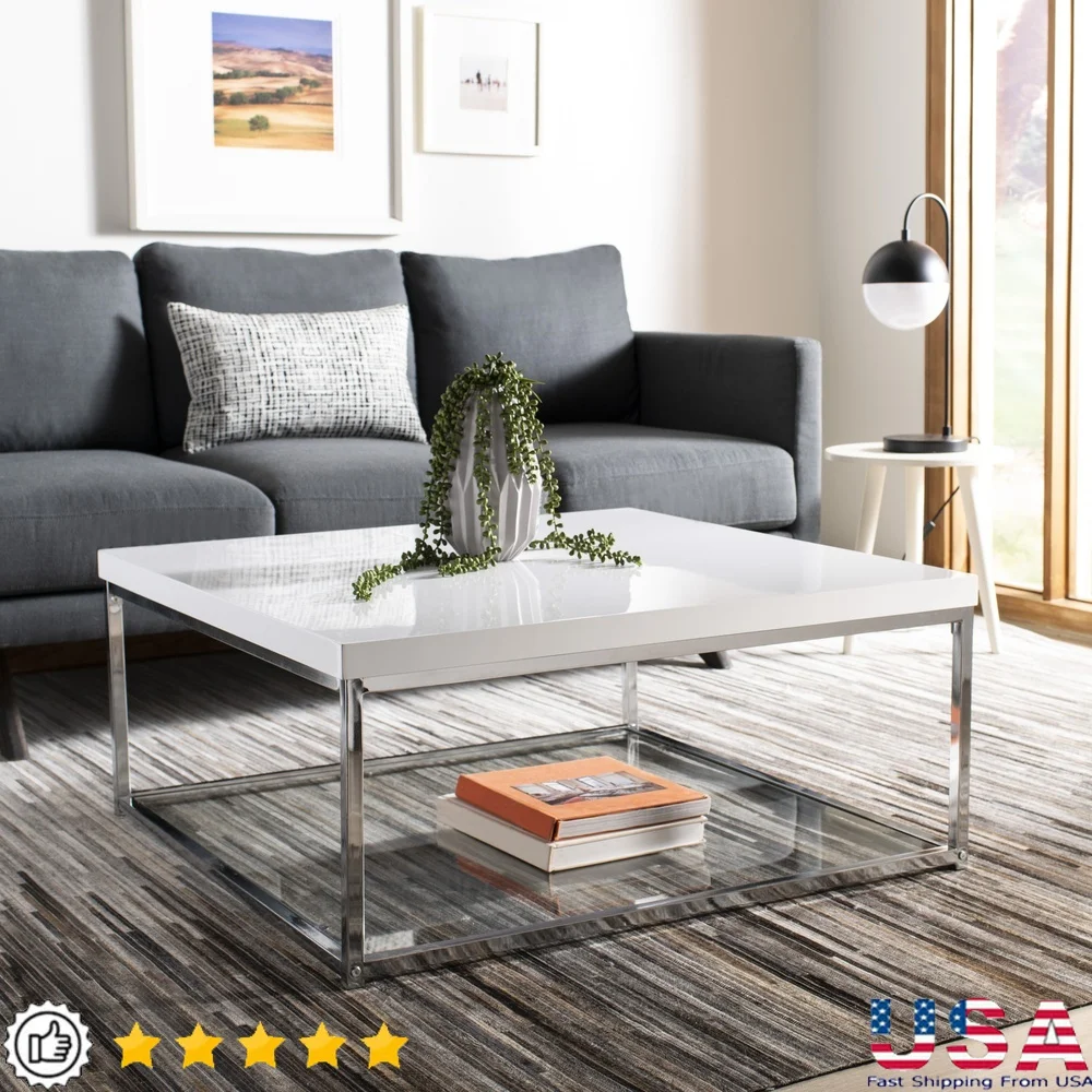 

Современный гламурный хромированный журнальный столик, глянцевый белый лак для хранения вещей, квадратный дизайн, полка из закаленного стекла для дома, прочный каркас