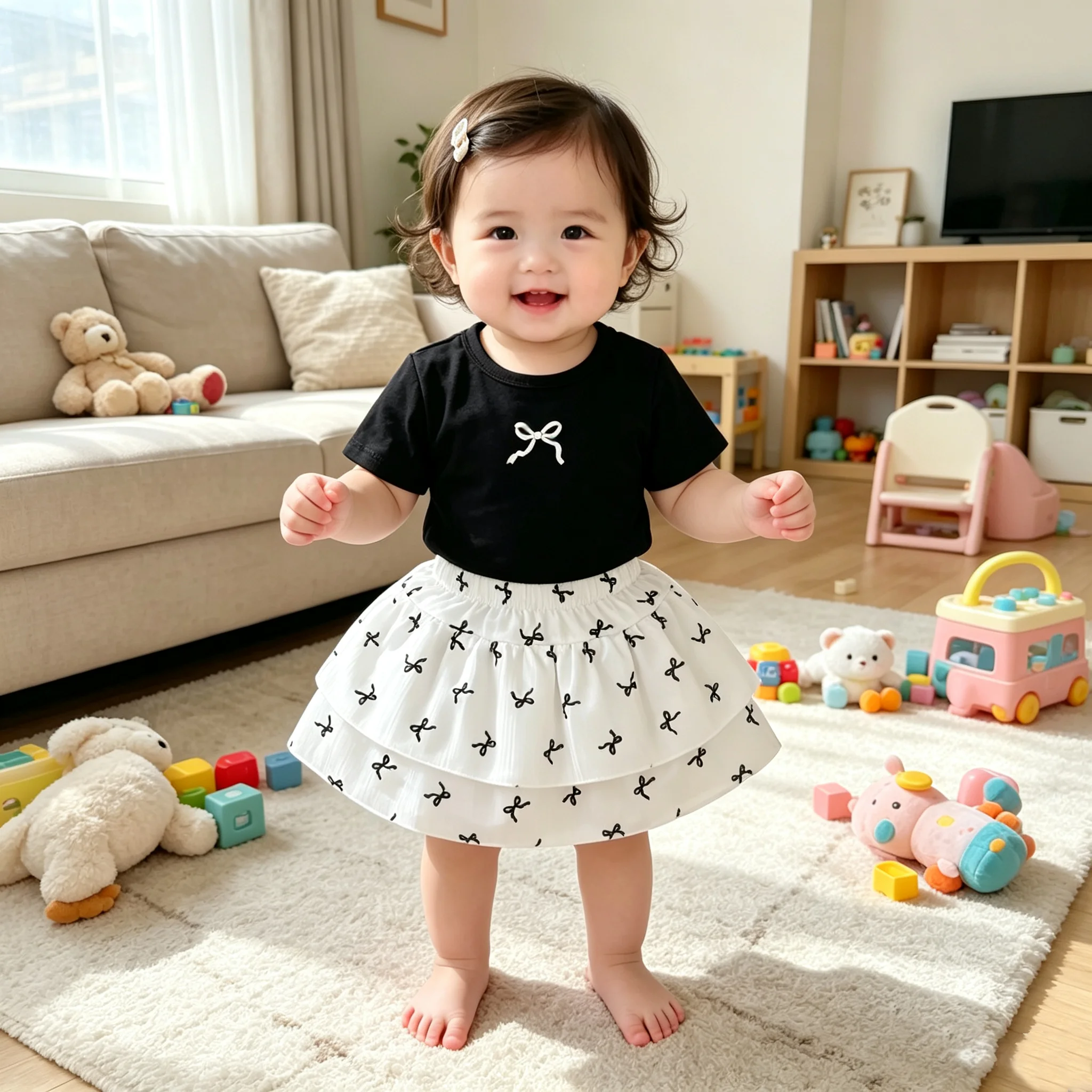 0-3 Jahre Baby Mädchen Set Rundhals-Shirt mit Schleifendruck und Kurzarm + Doppellagiger Rock Set, Kleinkind Sommer Mode-Set Babykleidung