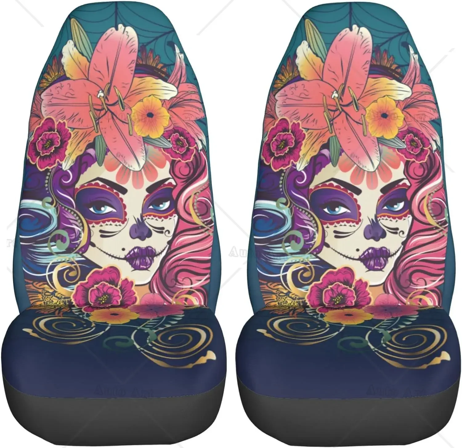 Halloween Sugar Skull Makeup in Flower Crown Car Seat Covers Front Vehicle Seat Protector Car Mat Covers Truck Automotive