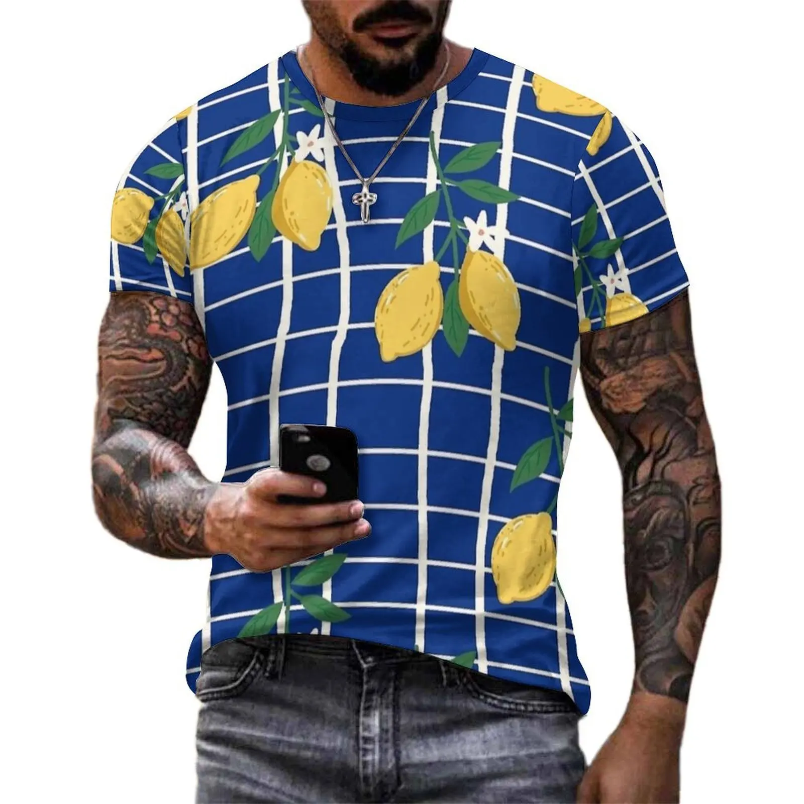 Premium T Shirt Rustic Lemon Branch Pattern T Shirts  Casual Vintage Tee Shirt For Man Short-Sleeved Graphic Big Size Clothing