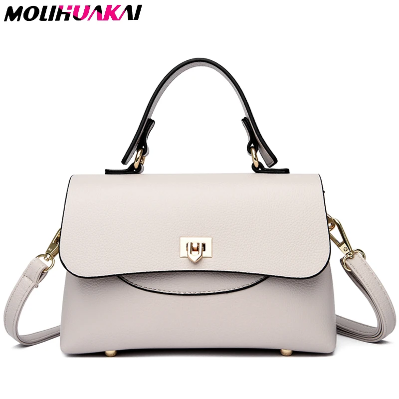 High Quality Soft Leather Luxury Handbag 2023 Women Designer Lock Solid Color Handbag Casual Large Capacity Simple Crossbody Bag