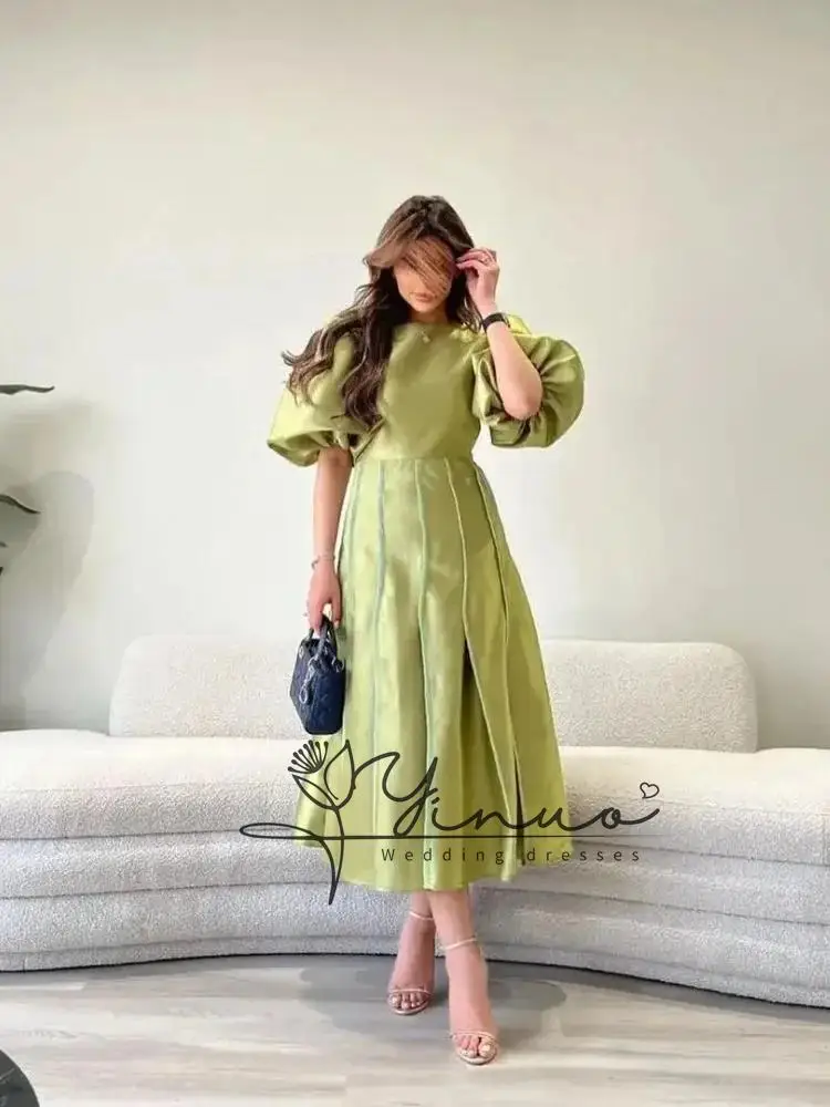 فستان حفلة موسيقية رسمي قصير بأكمام مخصصة ورقبة دائرية مطوي على الطراز الحديث من الساتان فستان سهرة مخصص #3