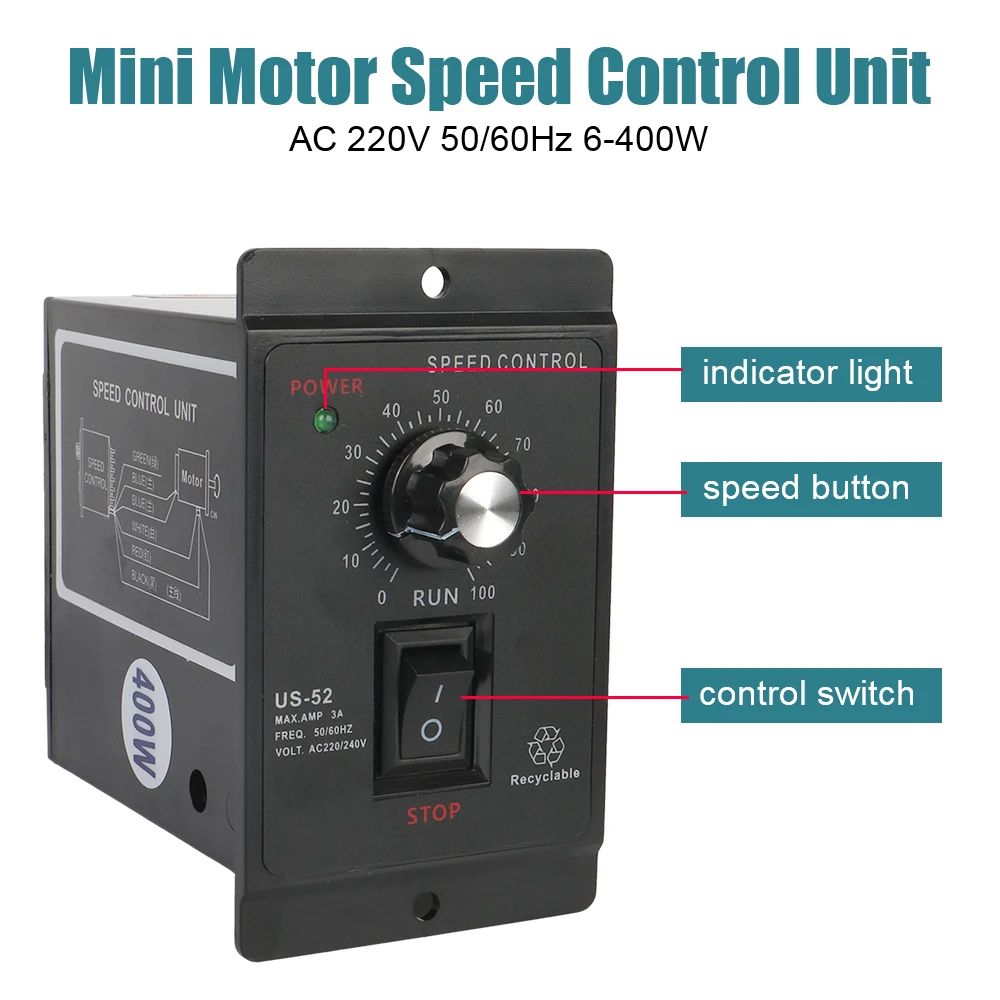 Forward Backward AC Motor Speed Controller 400W AC 220V Motor Governor Control Unit 50/60Hz Speed Pinpoint Regulator