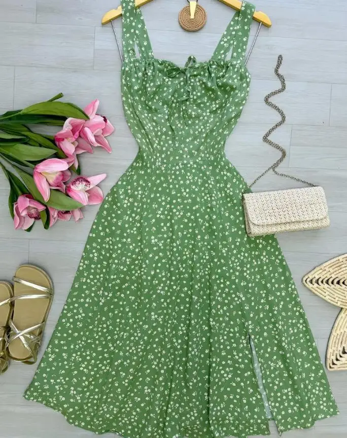 

Womens Dresses 2025 Summer New Fashion Ditsy Floral Print Square Neck Shirred Lace-Up Back High Slit Casual A-Line Dress