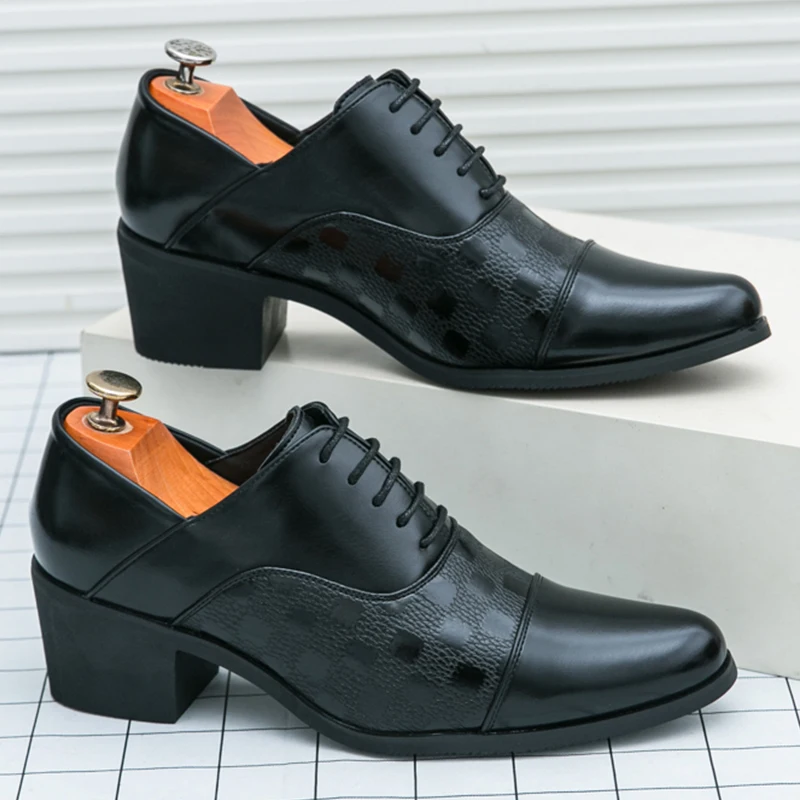 

Social Platform Leather Shoes Men Formal Chunky Heel 6CM Casual Business Shoes For Men Classic Dress Wedding Leather Shoes