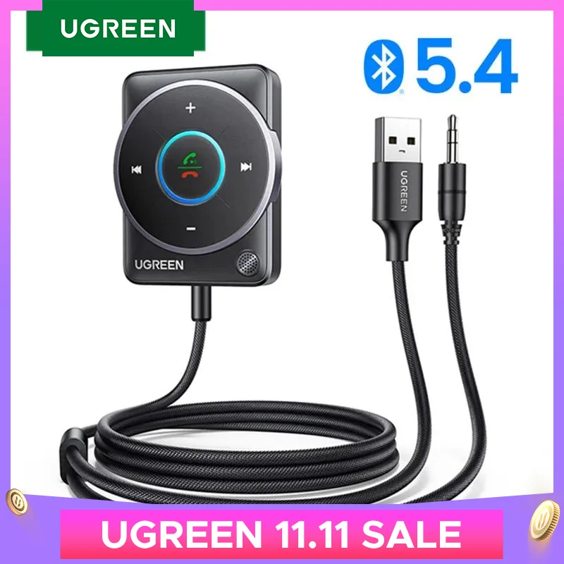 UGREEN Bluetooth 5.4 Car Receiver Adapter with Mics and Noise Cancellation, USB AUX Bluetooth Receiver Car Kit Stereo Audio