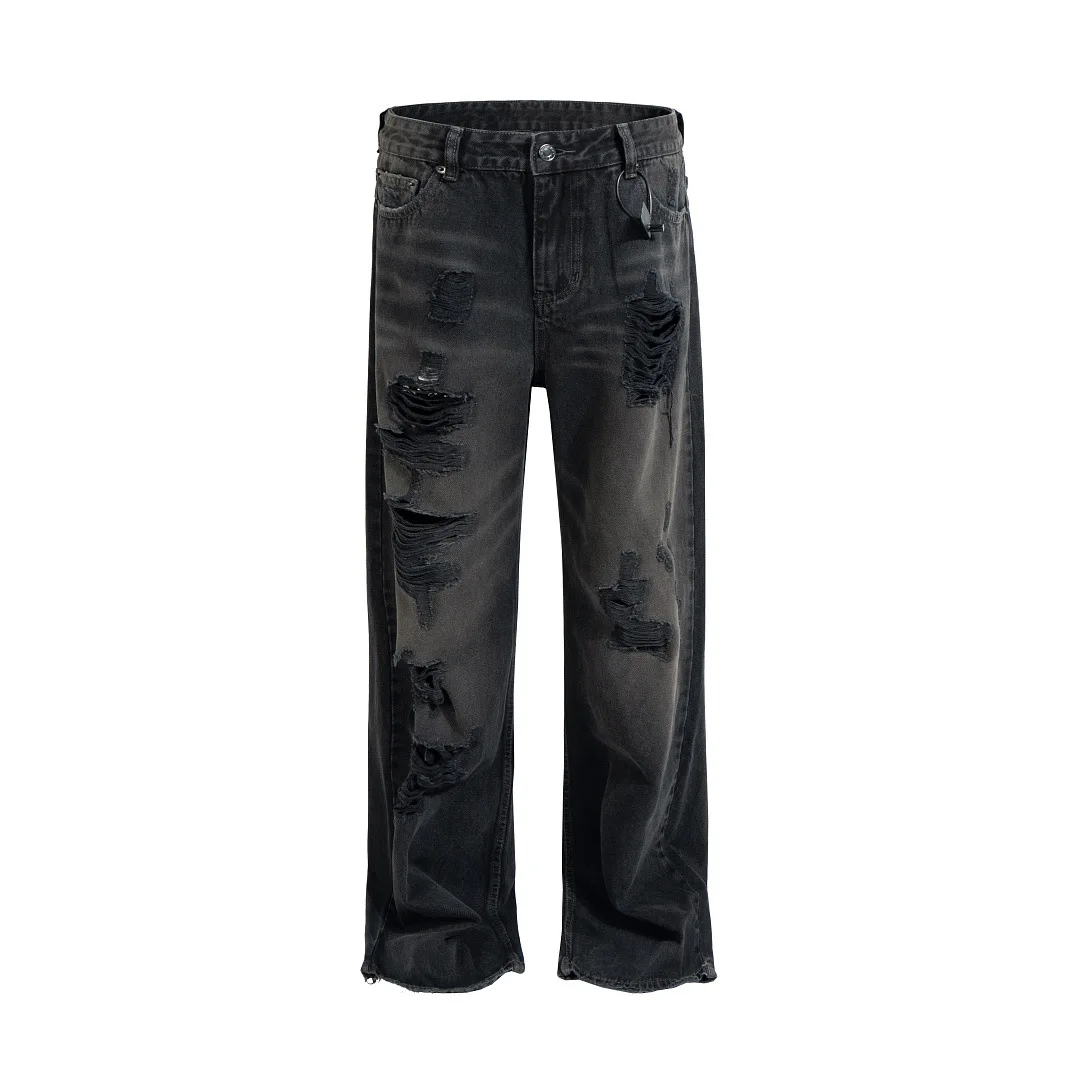 

Trendy European & American Washed Low-rise Ripped Straight-leg Denim Trousers Hip Hop High Street Flared Jeans for Men and Women