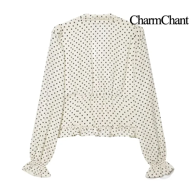 CHARMCHANT Women's Polka Dot V Neck Blouse Ruffle Hem Long Sleeve Cropped Elegant Dating Autumn 2026