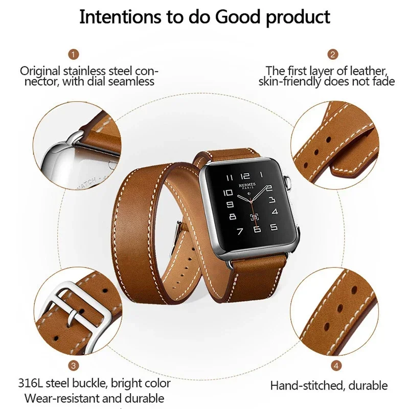 Leather Strap for Apple Watch Band 10 9 8 7 46mm 45mm  41mm Double Loop Comfort Bracelet Wristband for 6 5 4 SE 44mm 40mm 3 42mm