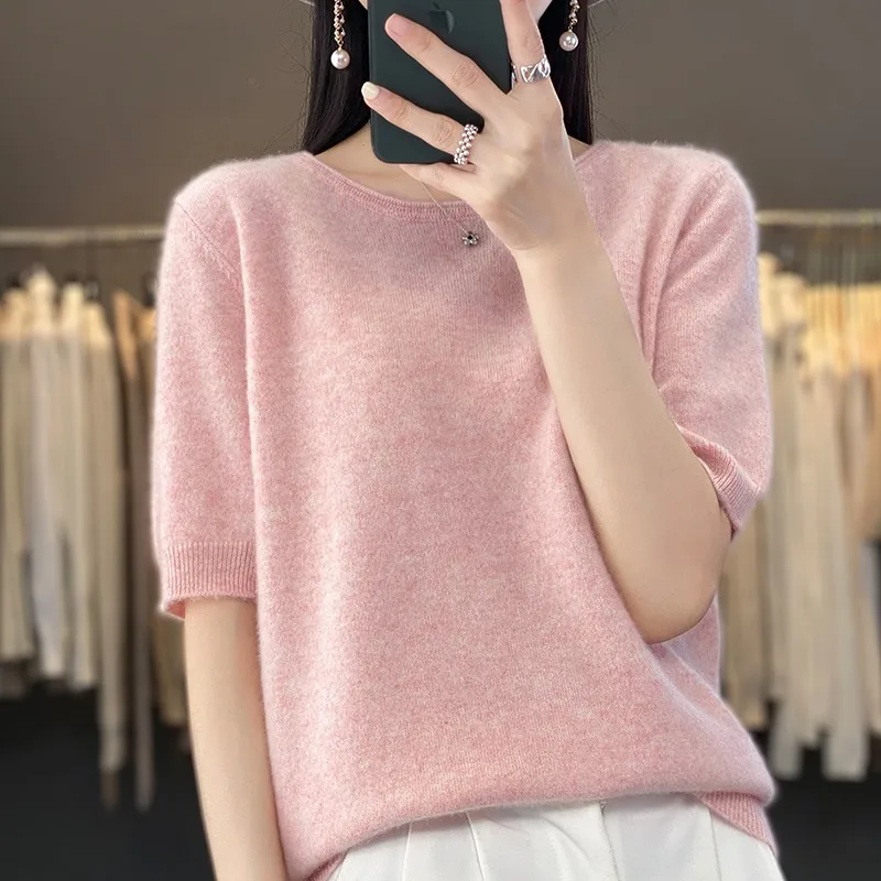 

2023 spring new100 cashmere short sleeve women's curly neck crewneck fashion show thin knitted short sleeve temperament leggings