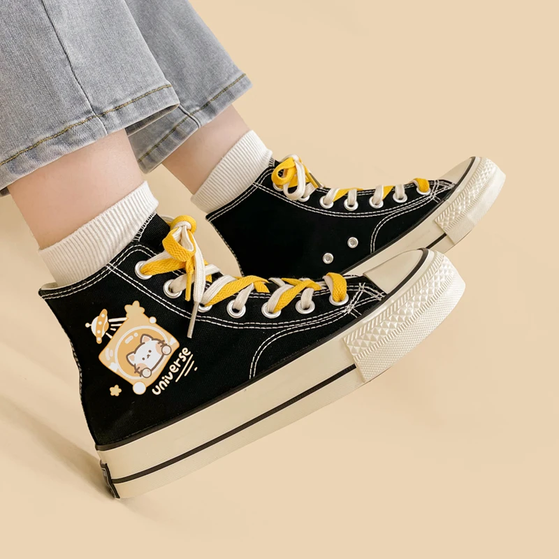 Amy and Michael Lovely Girls Students Casual Flat Sneakers High Top Black Canvas Shoes Cute Tennis Female Woman Vulcanize Shoes