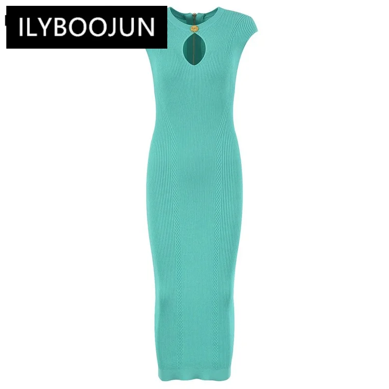 

French Style Sleeveless Sexy Hole Summer Knitted Women Long Sheath Dress 3 Colors BrHigh Quality