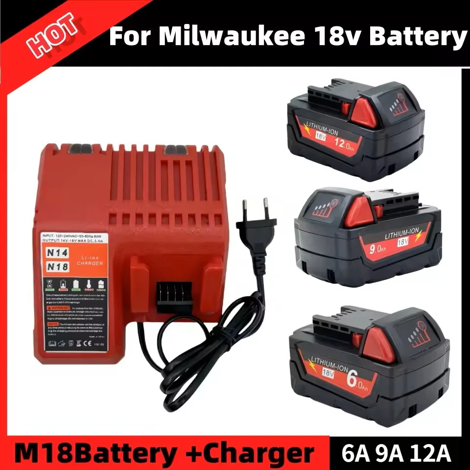 

100% brand new for Milwaukee M18 Power Tool Battery+Charger, BR,XC,18V,48-11-1860, Built-in 18650 Battery 6.0/9.0/12.0AH M18B5,