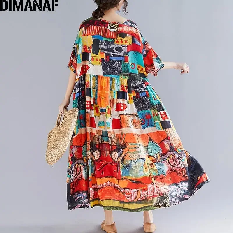 DIMANAF Oversize Women Print Dress Summer Sundress Cotton Female Lady Vestidos Loose Casual Holiday Maxi Dress Big Size