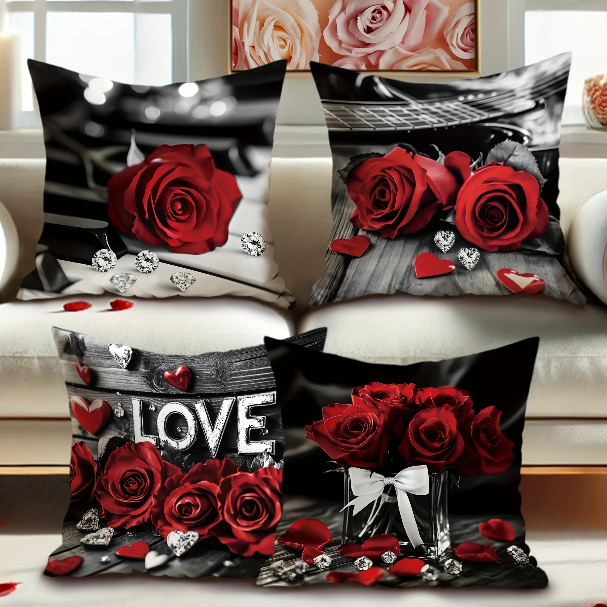 4 Pcs Romantic Red & Black Rose Floral Pillow Covers – Soft Decorative Cushion Covers for Living Room Sofa & Home Decor