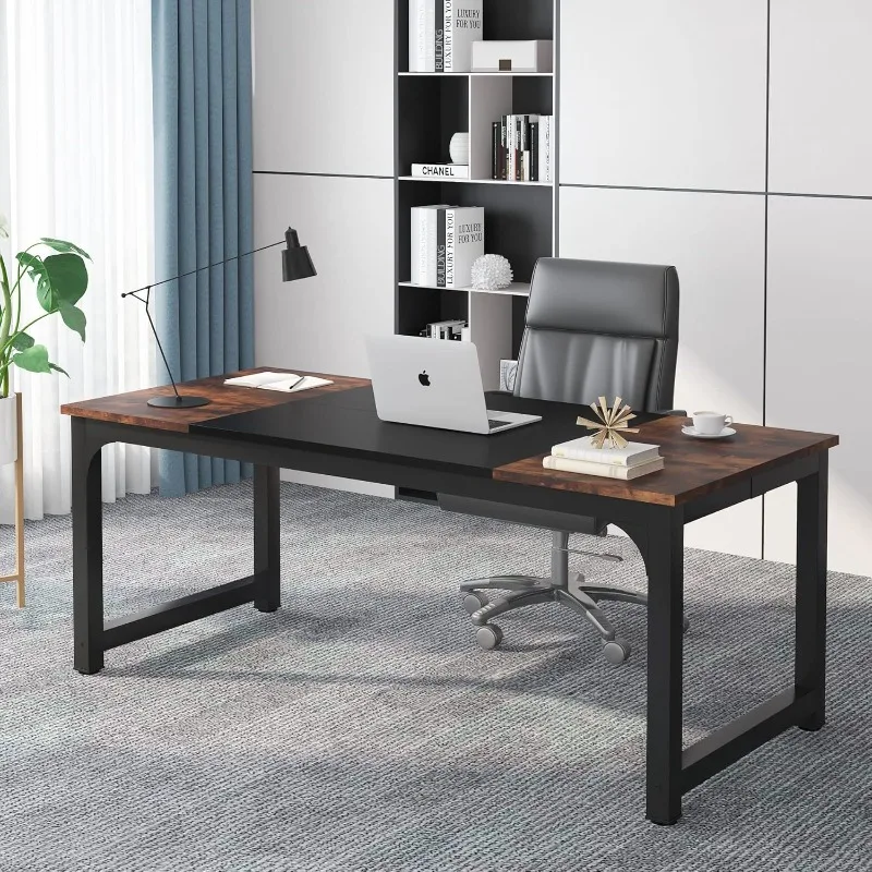 Stylish 70.8" Executive Desk, Large Home Office Desk with Sturdy Frame, Rustic Brown Modern Computer Desk for Managers