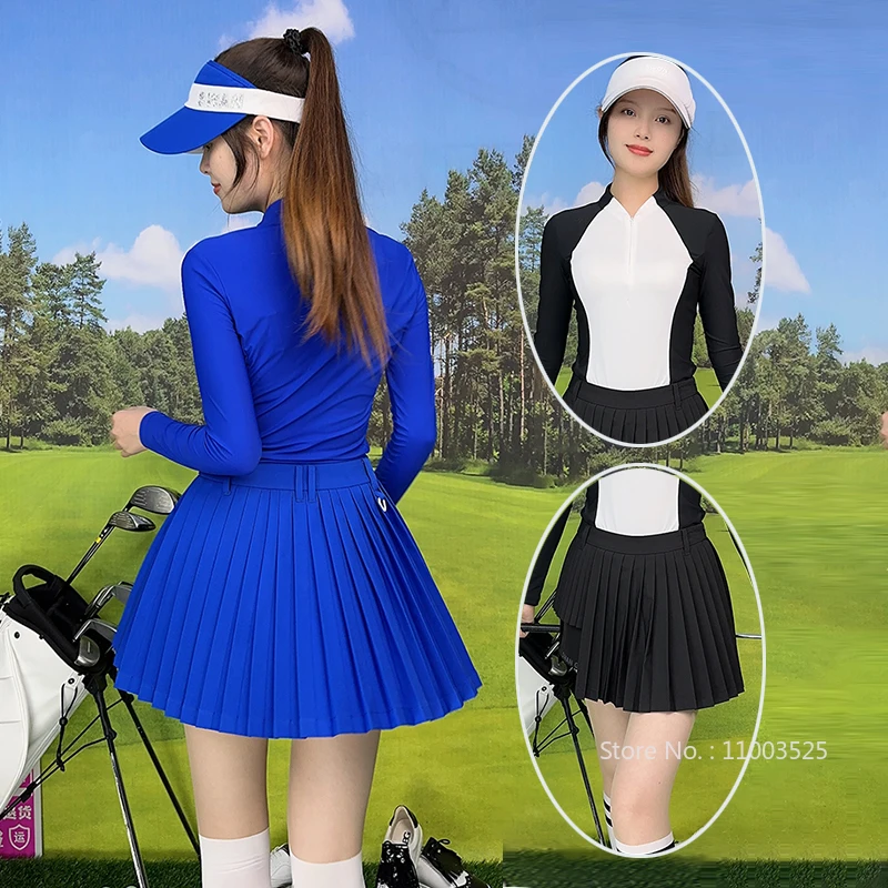 SG Lady Long Sleeve Golf Shirt Zipper V-neck Sports Tops Women Sunscreen Cooling Shirt Pleated Irregular Golf Skirt Slim Skort