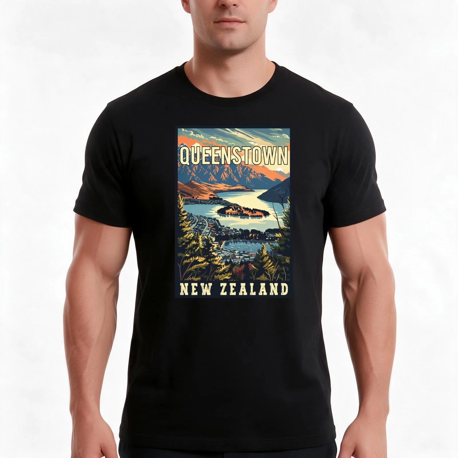 Discover Adventure in Queenstown in New Zealand - Vintage Travel Art T-Shirt Summer Casual Cotton Tee Vintage Graphic Print