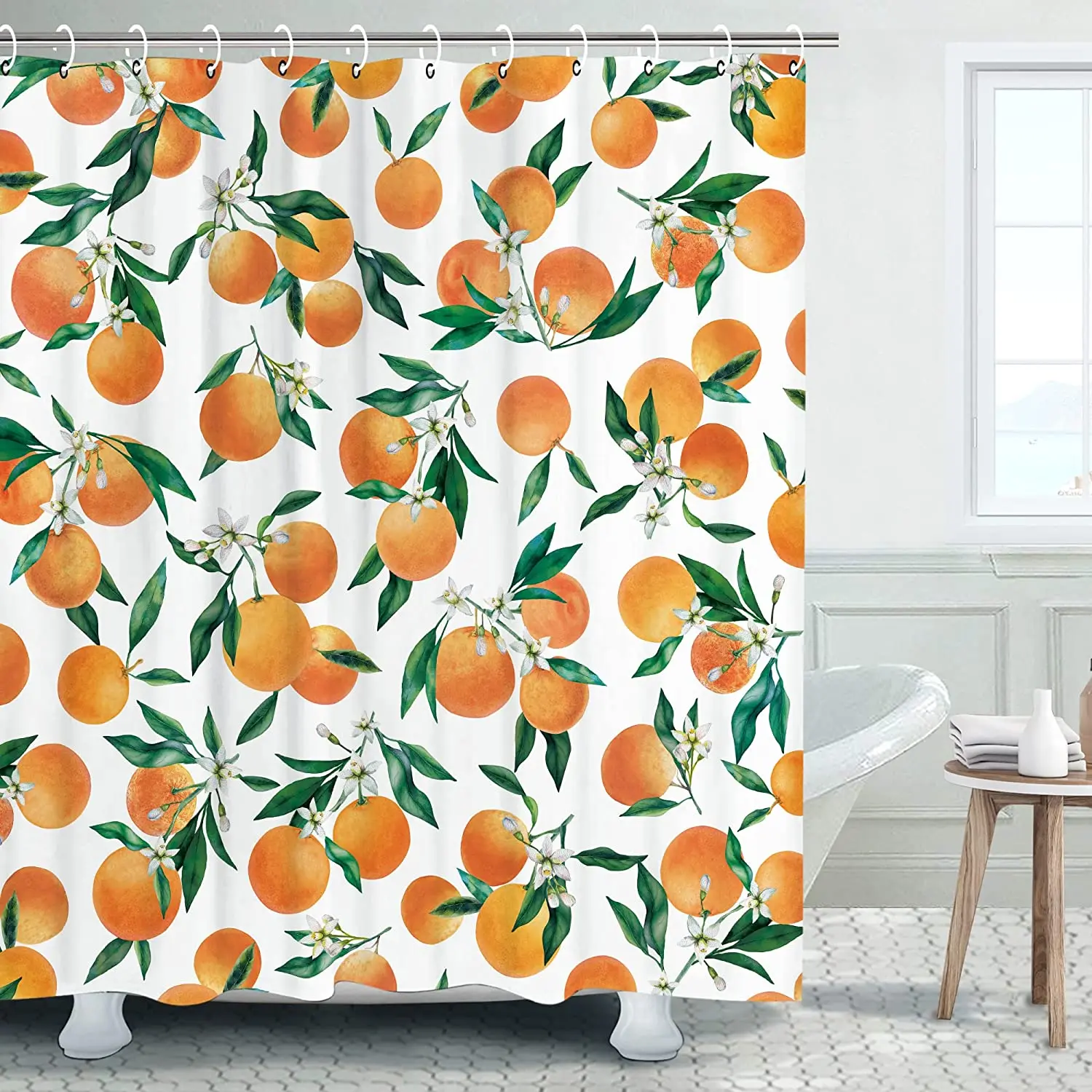 

Orange Fruits Flowers Shower Curtain Tropical Lemon Pineapple Green Leaves Floral Plant Print Fabric Bathroom Decor with Hooks