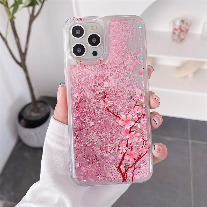 Peach Blossom Glitter Hearts 16 Case Cover for iPhone 15 14/13 Pro Max Quicksand Silicone Soft Shell Moving Sand Liquid Coque