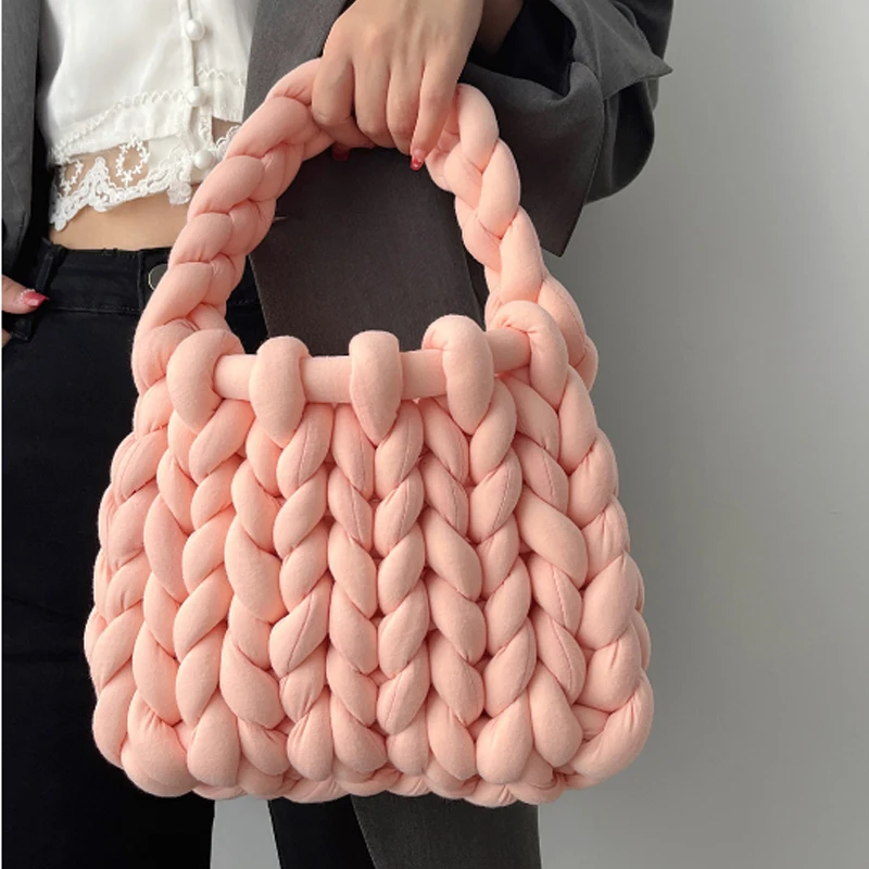 

New Velvet Women's Handmade Woven Handbag High-Quality Candy Colored Lady Bag Small Bucket Bag