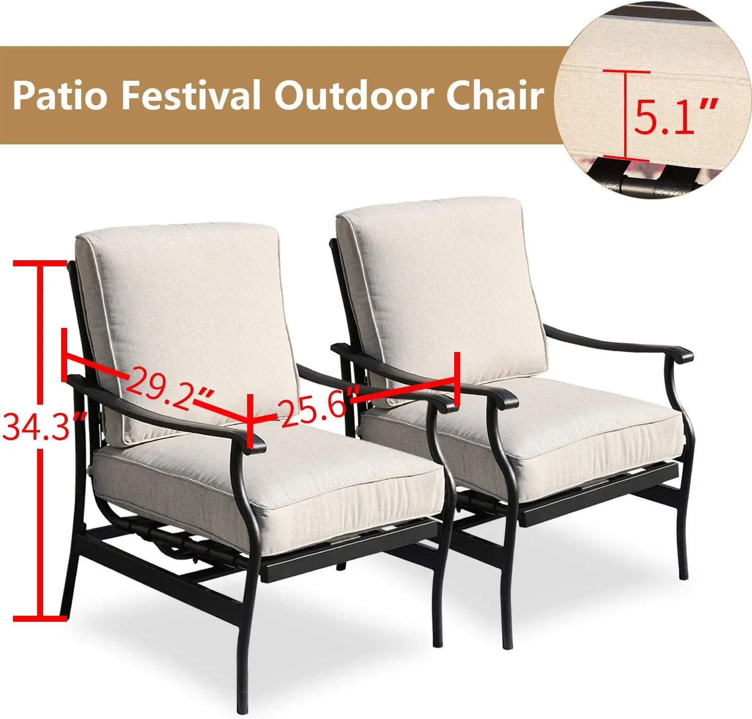 PatioFestival Outdoor Chair Bistro Cushioned Rocking Sofa Chairs Patio Furniture Sets Modern Conversation Set with 5.1 Inch