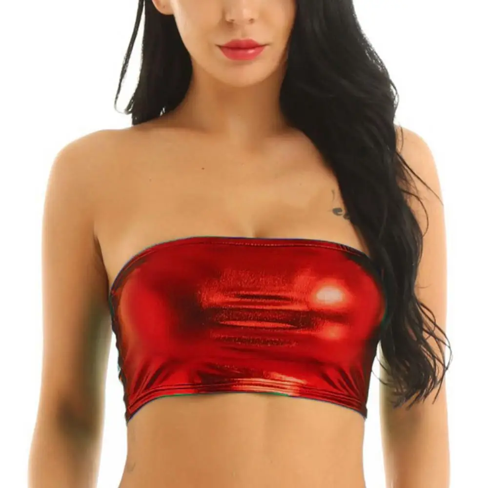 Women Sexy Tube Top Shiny Strapless Cropped Tube Top Party Club Bandeau Bra Sexy Sparkling Glossy Surface Off Shoulder Tanks