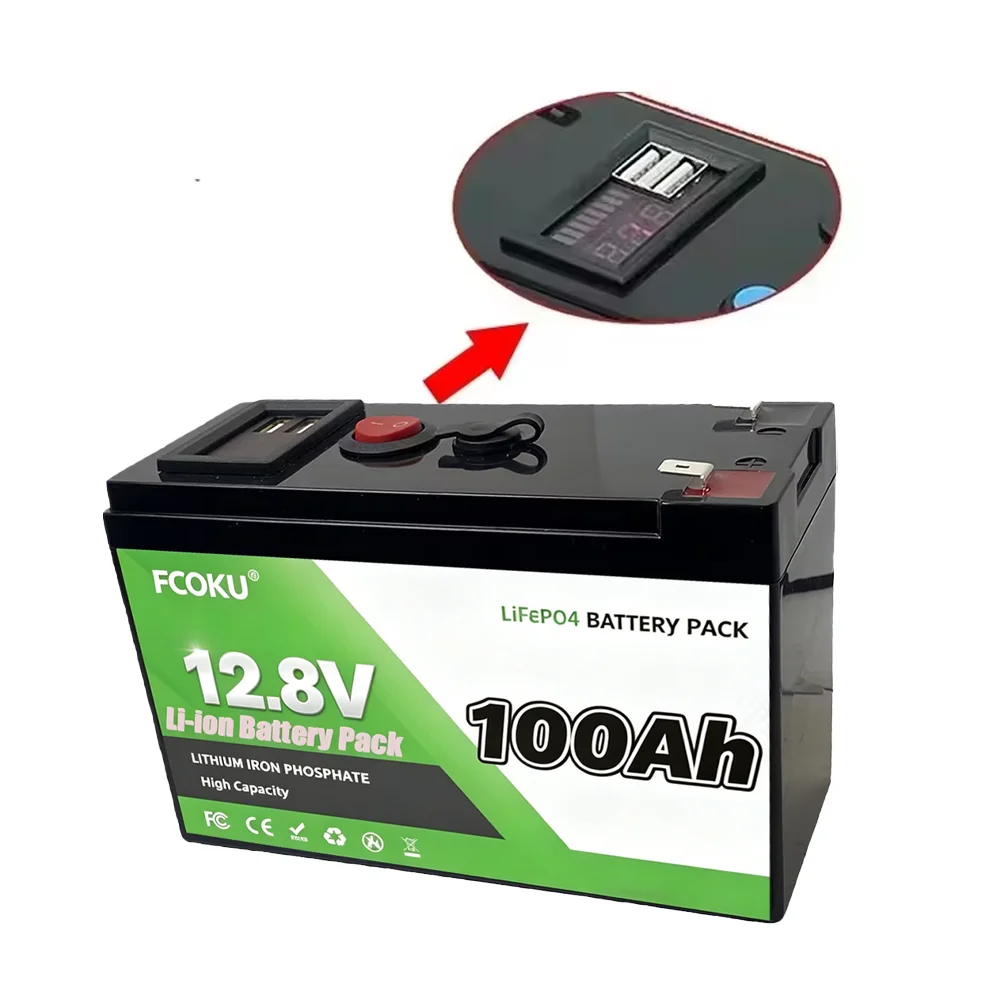 FCOKU 12.8V 100Ah LiFePO4 Battery Pack  with Built‑in BMS USB Port for Power Wheels, Scooter, Fish Finder, Include 12.6V Charger