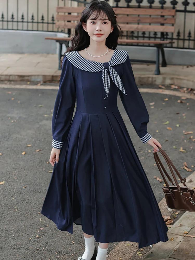 Outono azul chique xadrez arco boneca colarinho plissado vestido longo feminino coreano elegante bodycon vestido 2025 vintage vestidos de festa de luxo