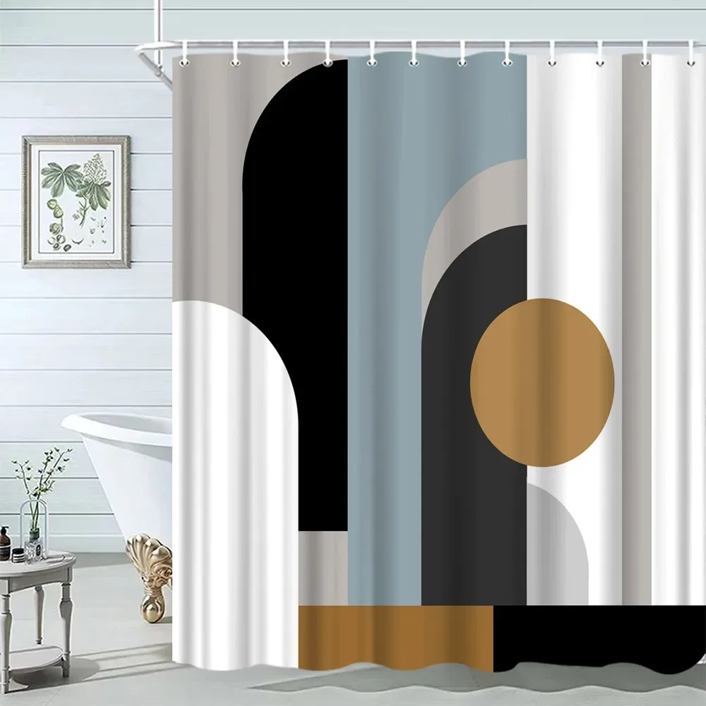 Mid Century Shower Curtain Black Gray Tan Abstract Sun Geometric Neutral Rustic Modern Arch Fabric Bathroom Decor Set Hooks