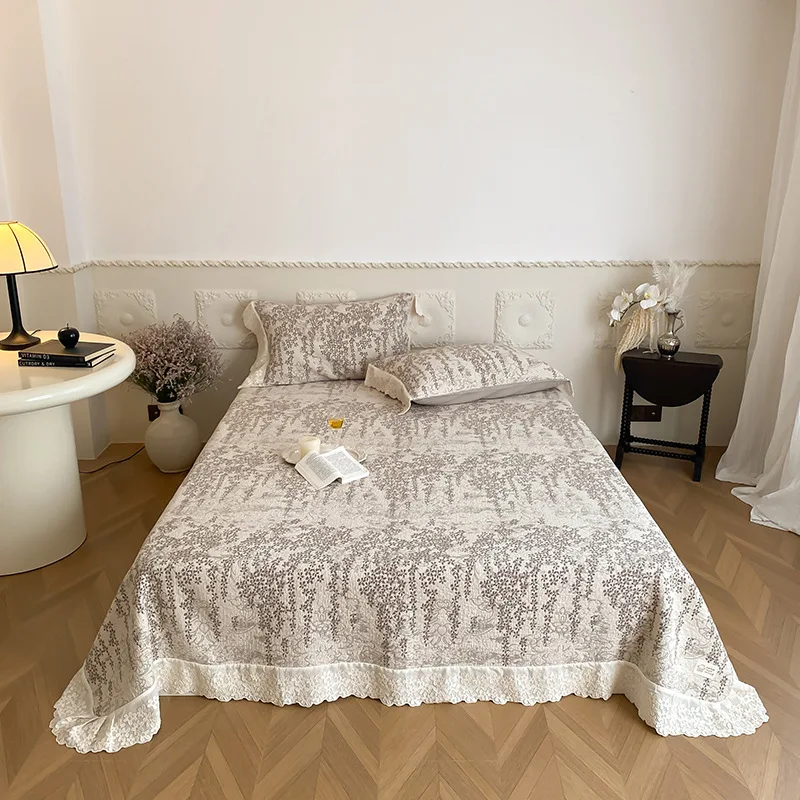100% Cotton 4-Layer Gauze Bedspread Set 3-Piece| French Vintage Style All-Match Jacquard Lace Trim Bed Sheet with Pillowcases