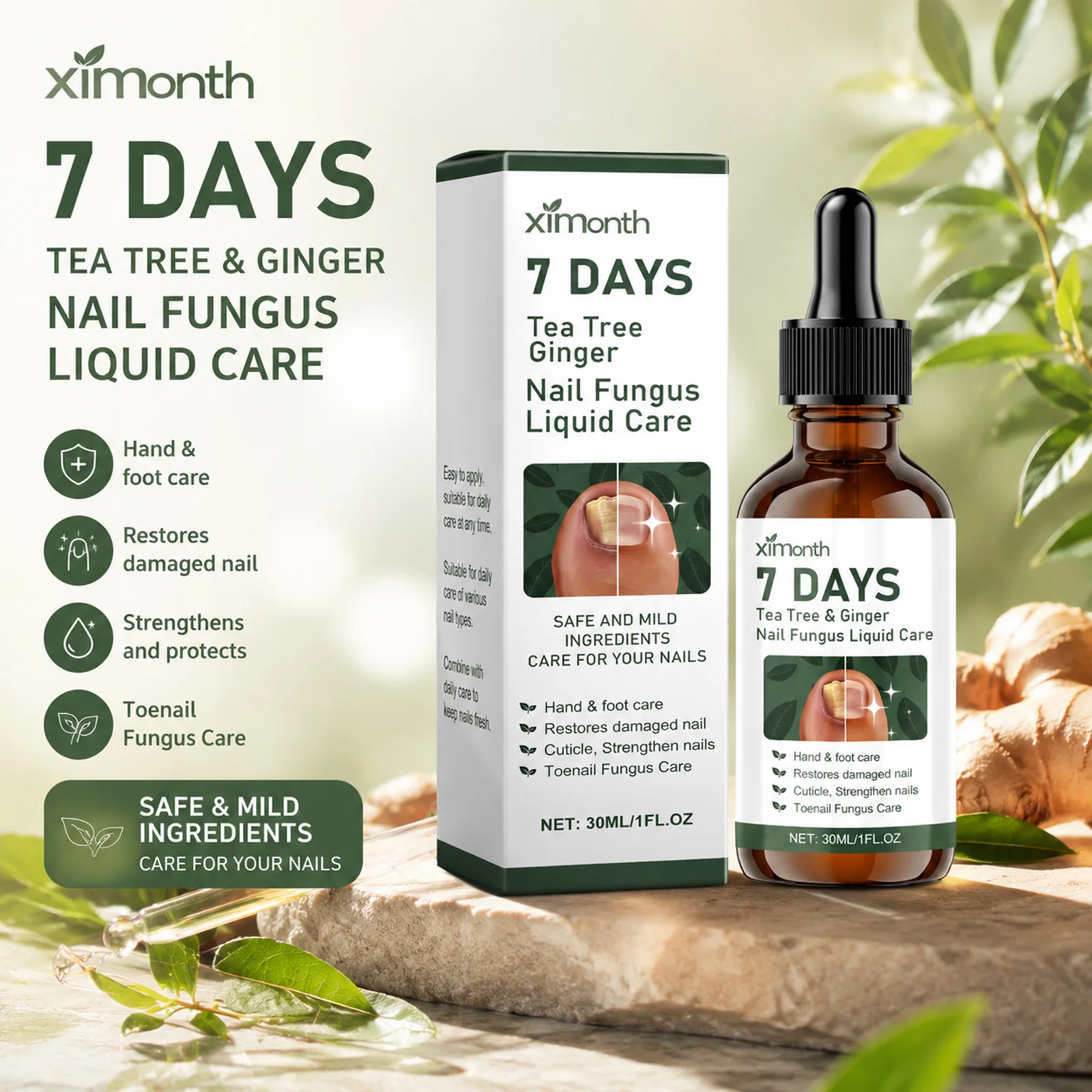 1/2/3/5PCS 7Days Tea Tree Ginger Nail Fungus Care Solution Repair Damaged Nails Strengthen Toenail Fingernail Nail Care