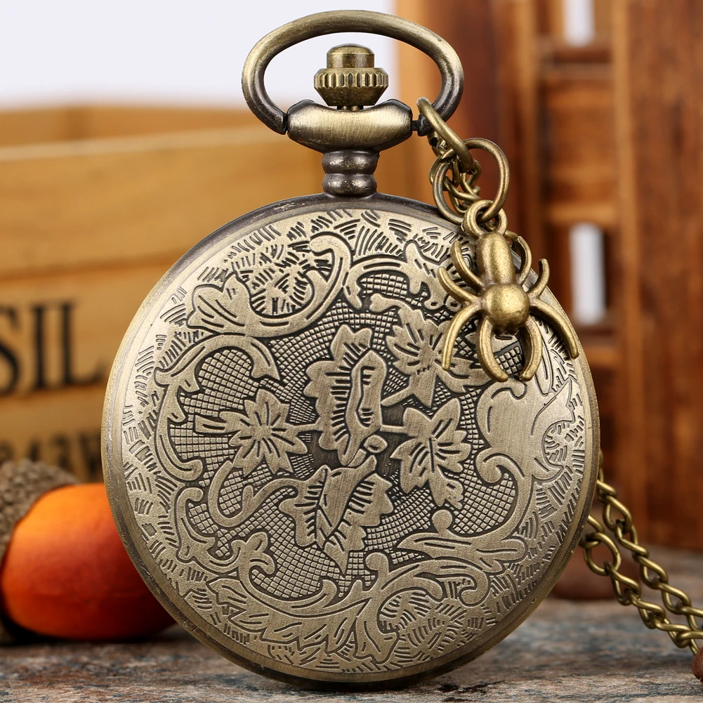 Reloj de bolsillo con patrón de tela hueca de bronce para hombres y mujeres, números árabes, esfera, colgante de araña, accesorio, collar de cuarzo, reloj de bolsillo