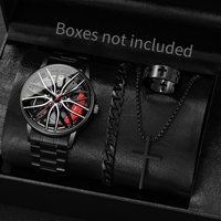 4PCS/Set Fashion 3D Car Wheel Dial Men Sports Watch Luxury Men's Stainless Steel Band Quartz Watches Jewelry Set（Without Box）