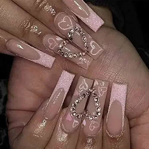 

Long Press on Nails Pink Square French Fake Nails Full Cover Bling Acrylic False Rhinestone Nails LOVE Design Nails for Women 24