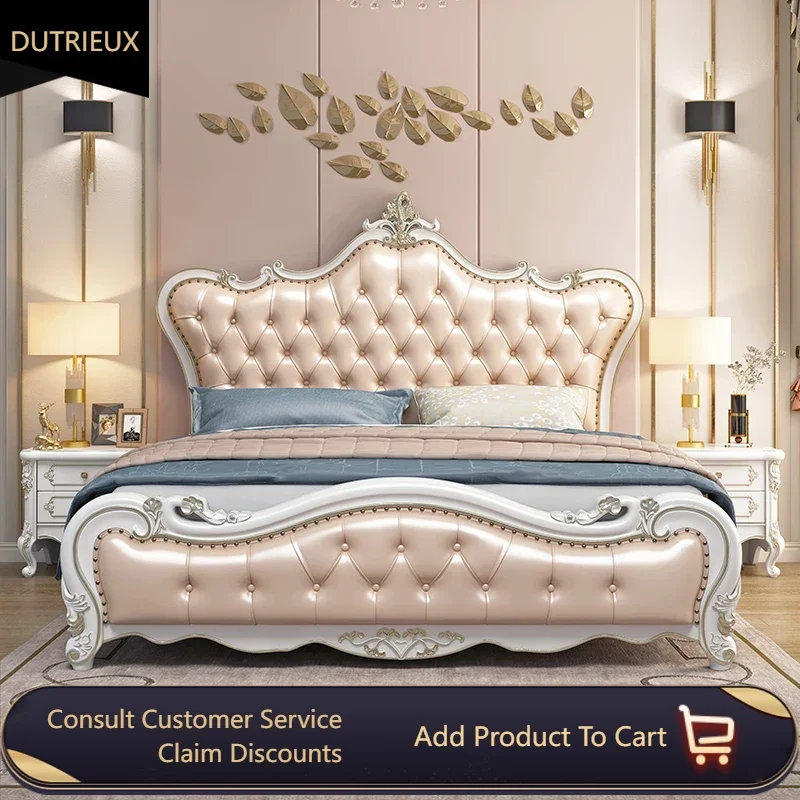 

Carved Gold Double Bed Storage European Style American Leather Princess Wood Queen Bed Bedroom Luxury Cama Casal Furniture Home