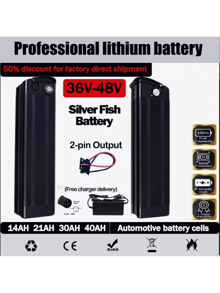36V 48V52V 40ah Fahrad Silver Fish Akku Accu 20/30/40ah 48V Lithiumbatterij Motorbereik 250-1500W, Automotive-grade batterijcellen - afbeelding 2