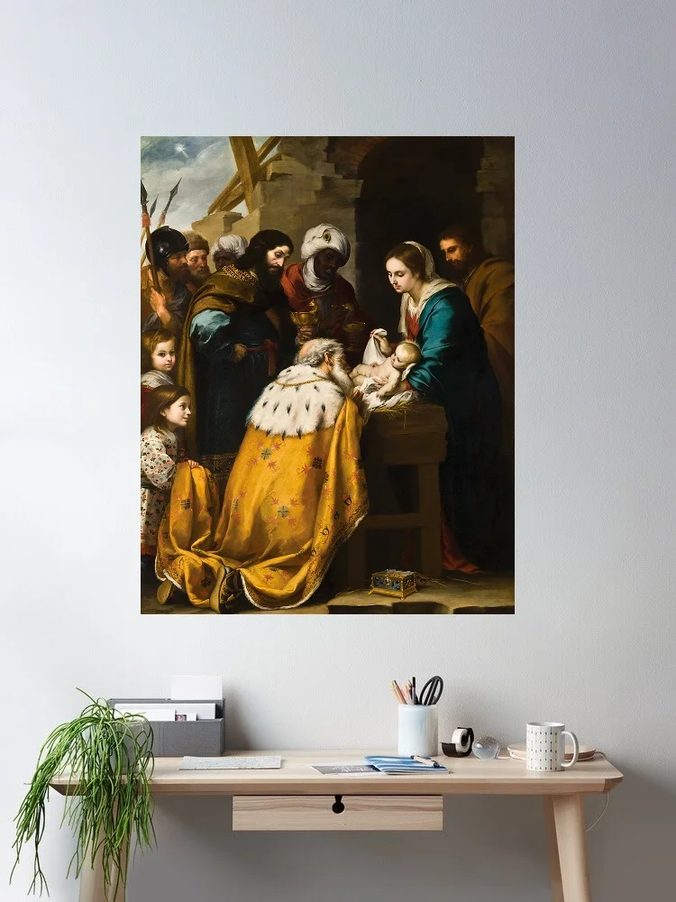 Bartolomé Esteban Murillo - Pintura Adoración de los Reyes Magos, Impresión artística en lienzo, decoración para sala de estar, cuadro para pared del hogar