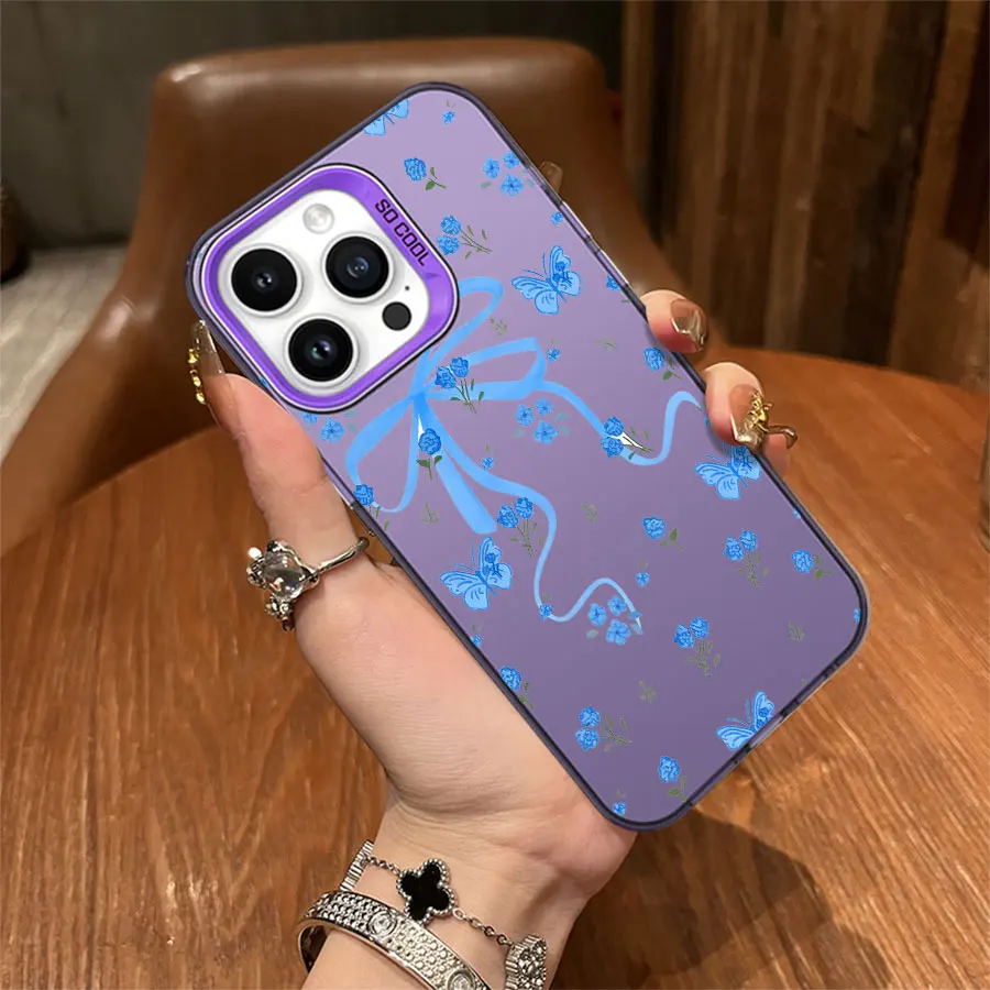 青い花柄のリボン付きiPhone 17～11 Pro Max Plus用スマホケース