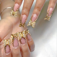 24pcs Duckbill Shaped Fake Nails Gold Butterfly Rhinestone Design False Nail Tips Wearable Full Cover French Press on Nails