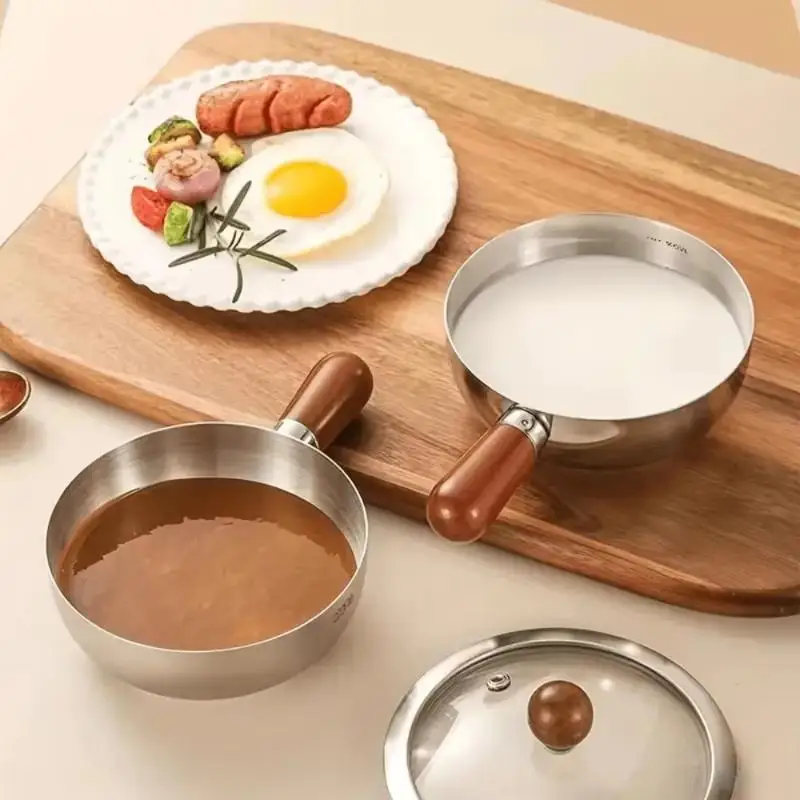 1Pcs Non-Slip Base Even Heat Distribution Milk Pot Stainless Steel Pot With Heat-Resistant Wooden Handle Induction Compatible