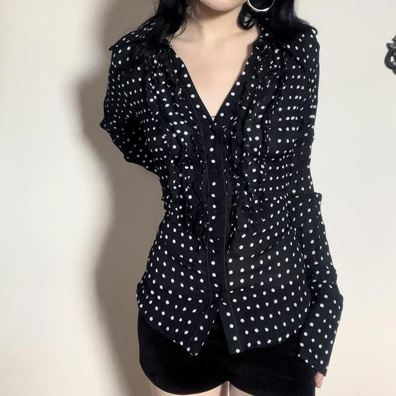 IAMHOTTY Y2K Polka Dot Print Blouses Black Chic Elegant Edible Tree Fungus Button-up Shirts Ladies Cute V-neck Tops Aesthetic