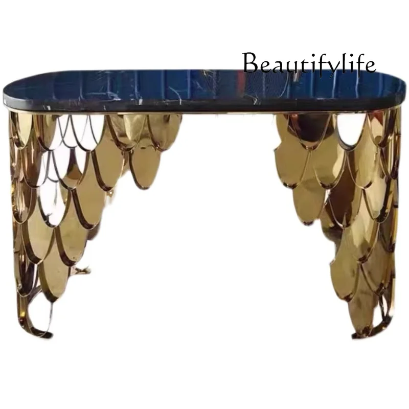 

Creative stainless steel marble Yulin entrance living room aisle side table large living room wall view table