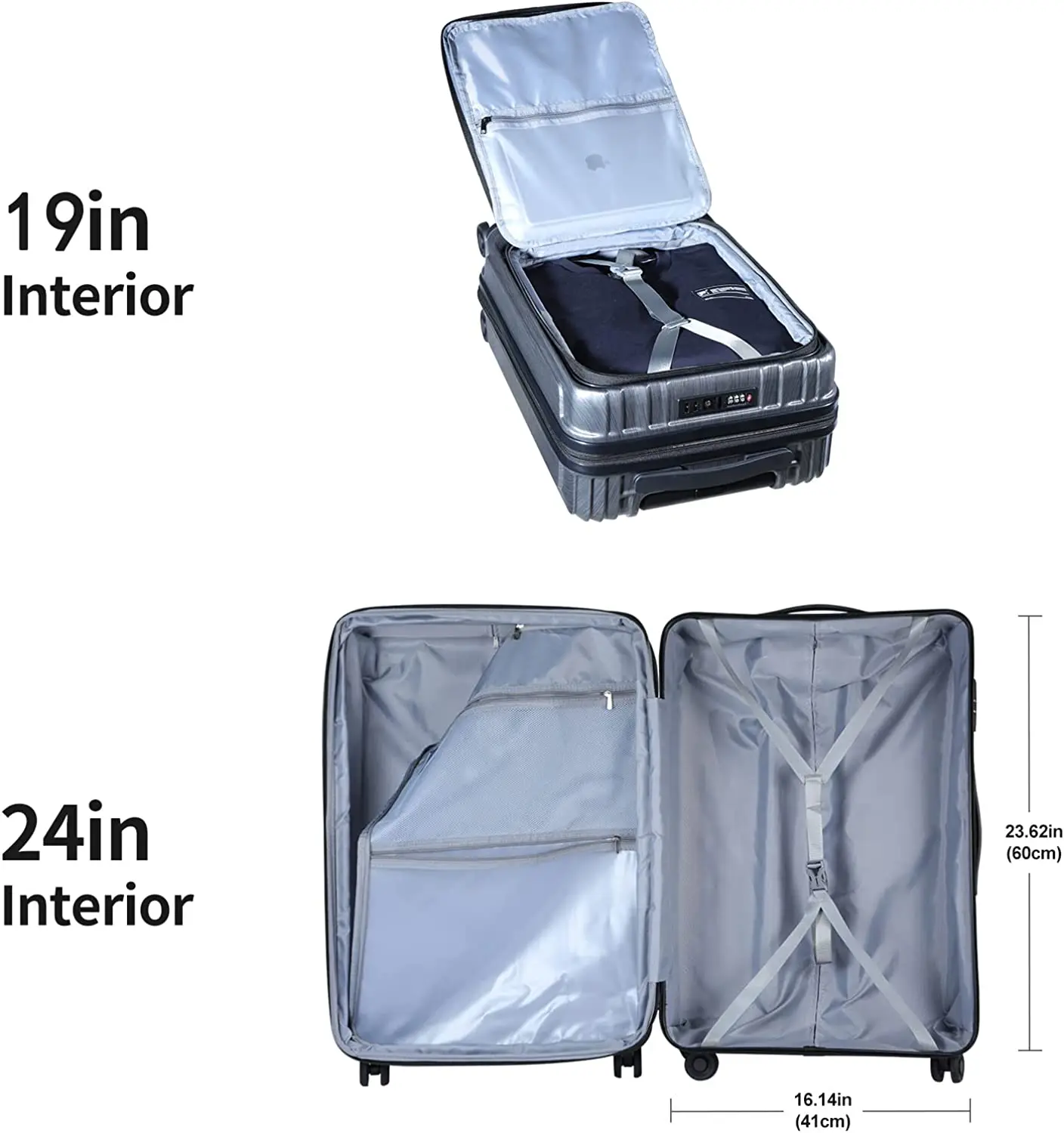 Conjunto de bagagem 2 Peça 20/24 Frente Laptop Pocket & Expansível ABS + PC Leve Hardshell Spinner Rodas TSA Bloqueio YKK Zipper Cinza